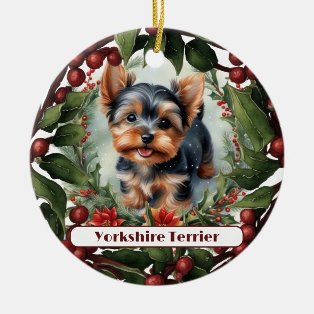 Ornamento De Cerâmica Yorkie adorável, Natal personalizado (Frente)