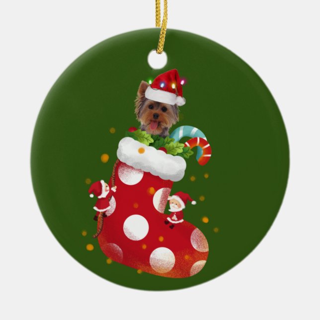 Ornamento De Cerâmica Yorkie com o Natal do Chapéu (Frente)