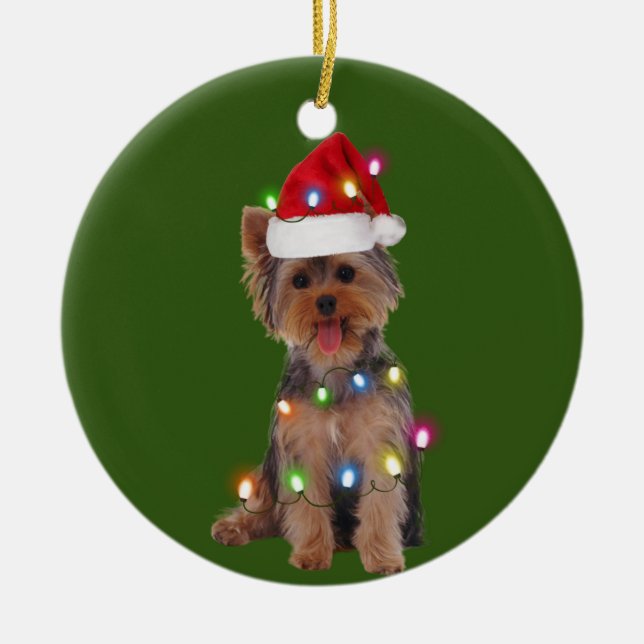 Ornamento De Cerâmica Yorkie com presentes de Natal nos Scafts Santa Hat (Frente)