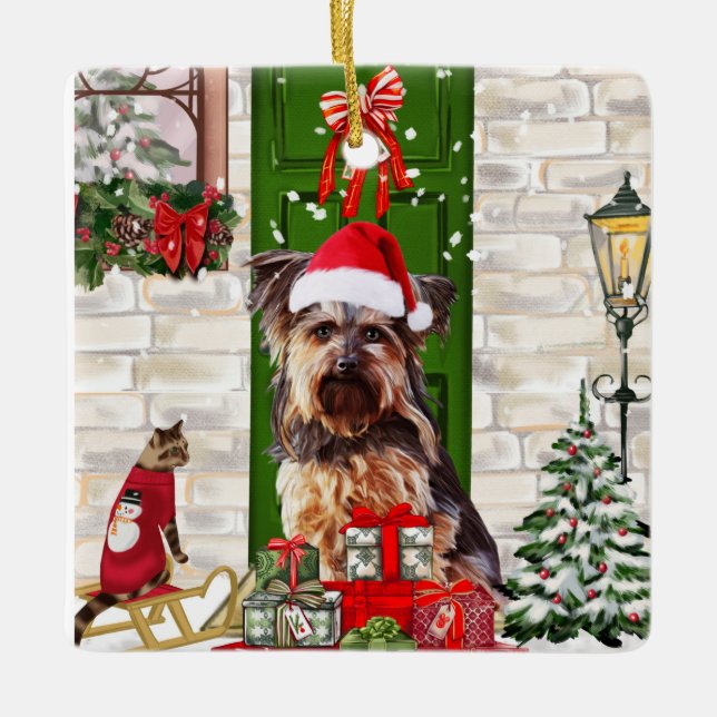 Ornamento De Cerâmica Yorkie Dog Natal (Frente)