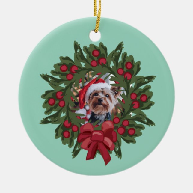 Ornamento De Cerâmica Yorkie Wreath Christmas Ornament (Frente)