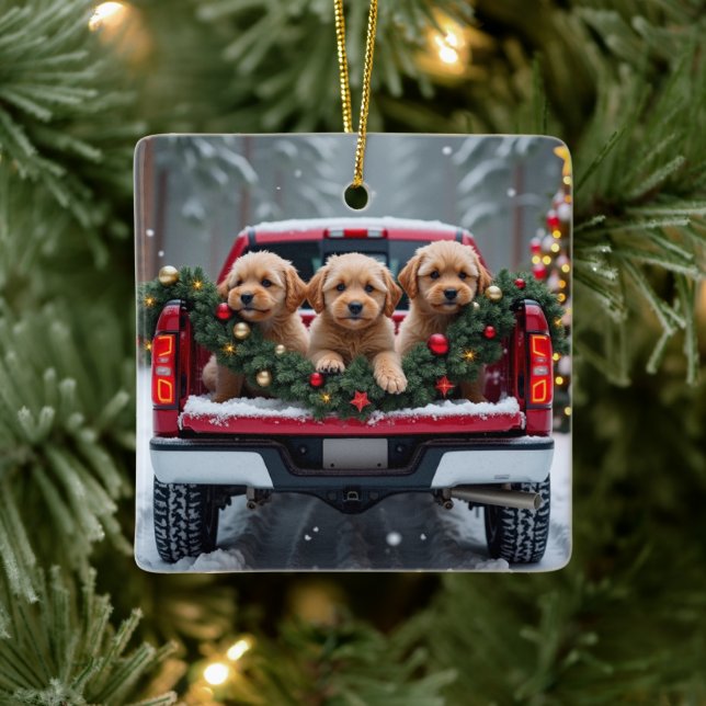 Ornamento De Cerâmica Yorkipoo Christmas Red Truck Holiday Gift (Árvore)