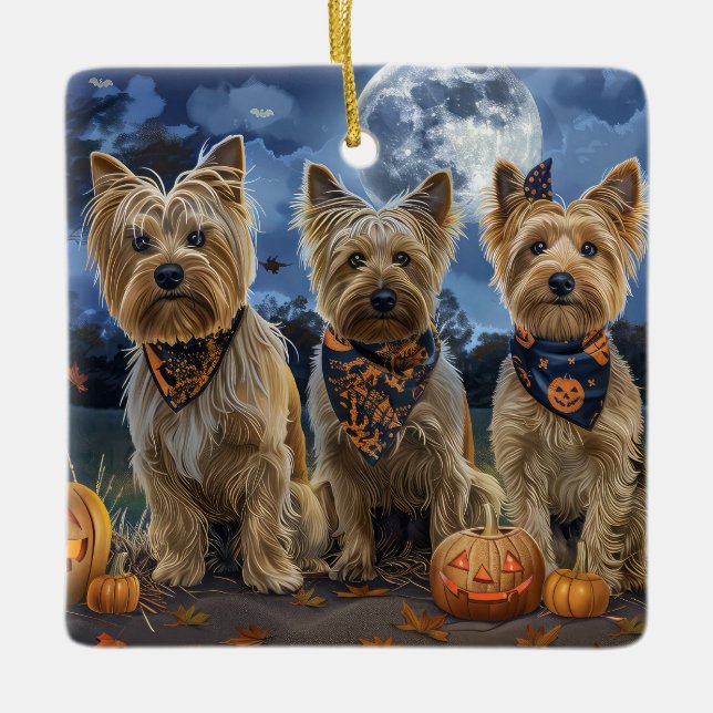 Ornamento De Cerâmica Yorkipoo Halloween Spooky (Frente)