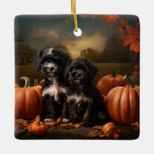 Ornamento De Cerâmica Yorkipoo Puppy Autumn Delight Pumpkin (Frente)