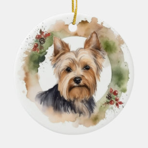 Ornamento De Cerâmica Yorkshire Terrier Christmas Wreath Festivo Pup