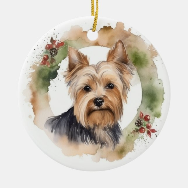 Ornamento De Cerâmica Yorkshire Terrier Christmas Wreath Festivo Pup (Frente)