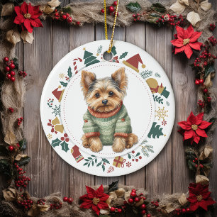 Ornamento De Cerâmica Yorkshire Terrier em Suéter de Natal