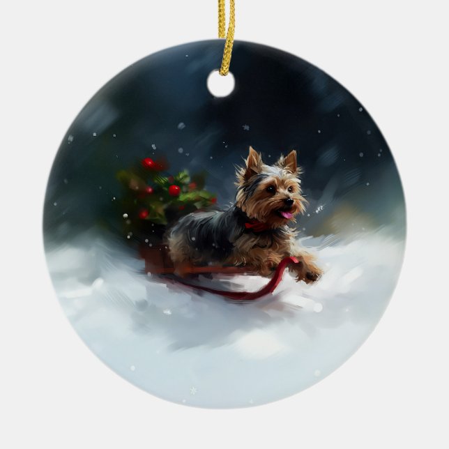 Ornamento De Cerâmica Yorkshire Terrier Natal inverno (Frente)