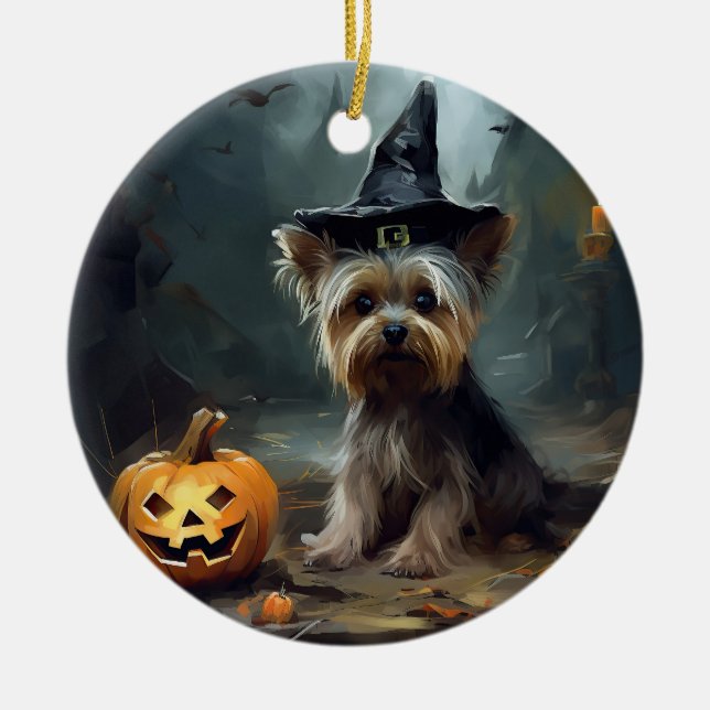 Ornamento De Cerâmica Yorkshire Terrier Pumpkins Halloween Scary (Frente)