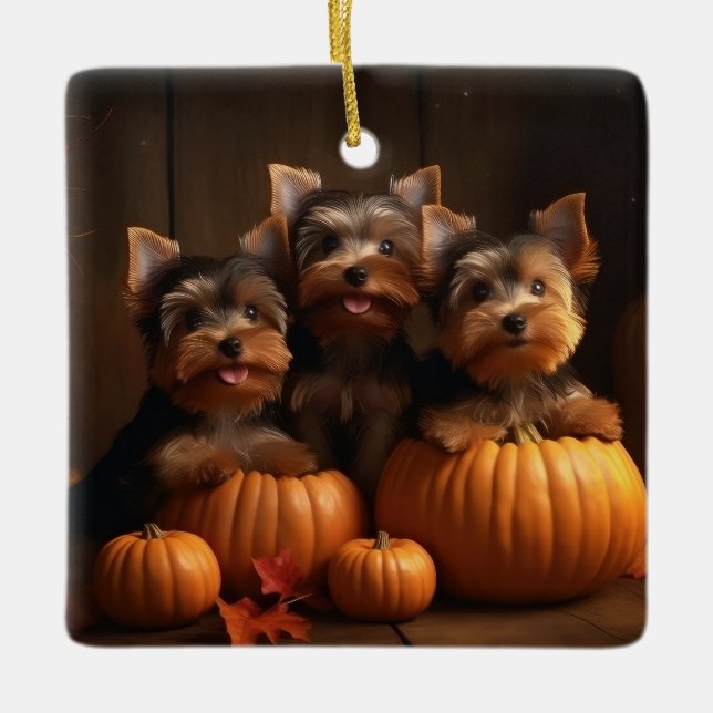 Ornamento De Cerâmica Yorkshire Terrier Puppy Autumn Delight Pumpkin (Frente)