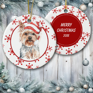 Ornamento De Cerâmica Yorkshire Terrier Santa Hat Red Snowflake
