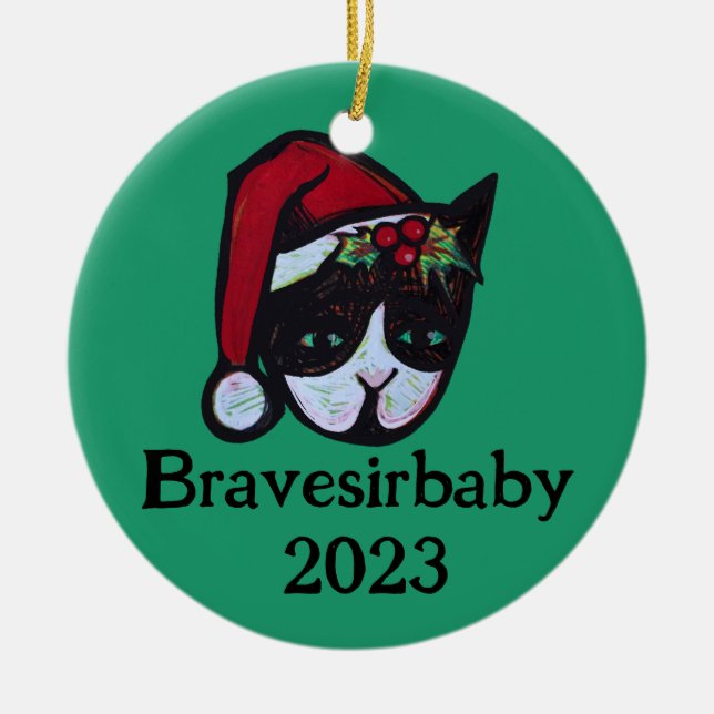 Ornamento De Cerâmica Yule Kitty Cat (Frente)