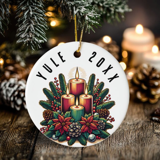Ornamento De Cerâmica Yule Winter Solstice Poinsettia & Greenery Wicca (Yule Winter Solstice Poinsettia & Greenery Wicca Ceramic Ornament)