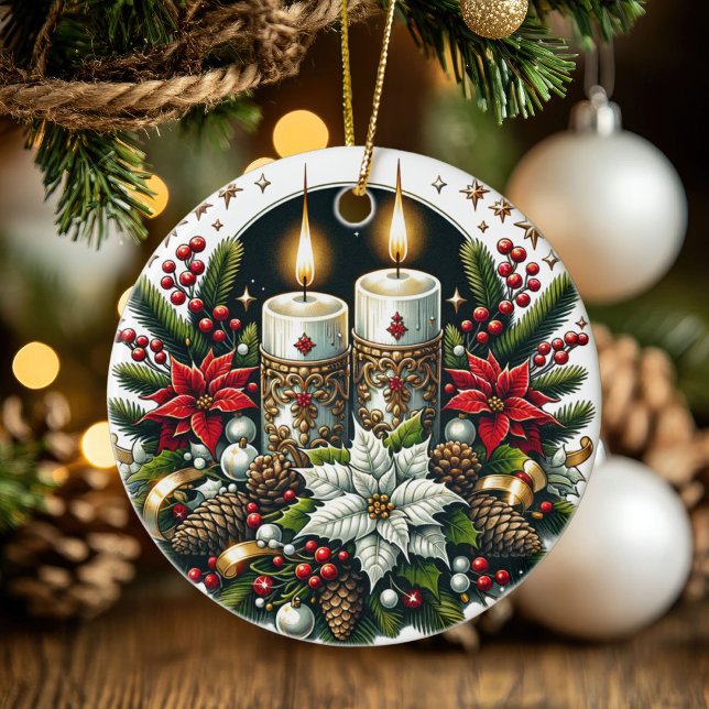 Ornamento De Cerâmica Yule Winter Solstice Poinsettia & Greenery Wicca (Yule Winter Solstice Poinsettia & Greenery Wicca Ceramic Ornament)