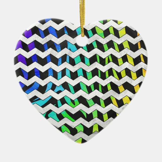 Ornamento De Cerâmica Zebra Chevron Black e Rainbow Impressão (Frente)