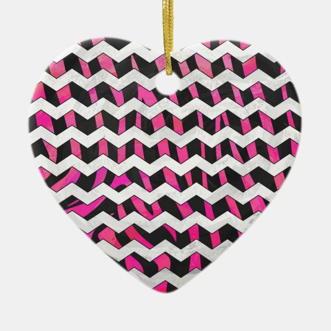 Ornamento De Cerâmica Zebra Chevron Preto e Rosa Quente (Frente)