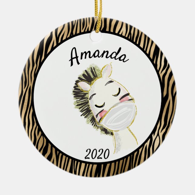 Ornamento De Cerâmica Zebra Dourada Covid Vestindo máscara facial 2020 (Frente)