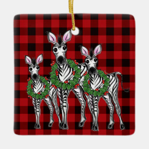 Ornamento De Cerâmica Zebras Natal Feriadas, coroa, xadrez vermelha 