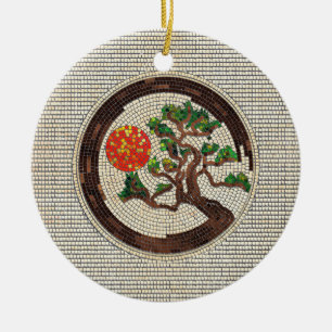 Ornamento De Cerâmica Zen Enso Circle e Bonsai Tree Mosaico