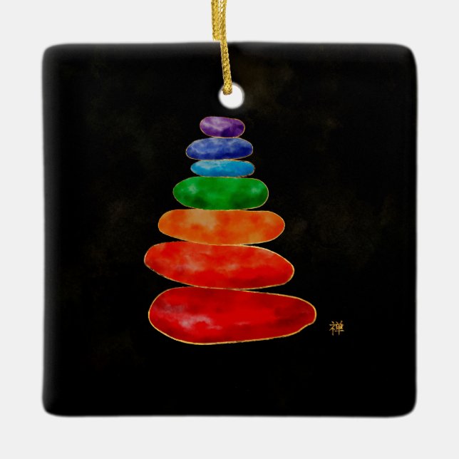 Ornamento De Cerâmica Zen Pebbles Chakras - Aquarela e Dourado (Frente)
