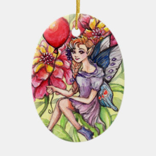 Ornamento De Cerâmica Zinnia Fada com Balão Vermelho
