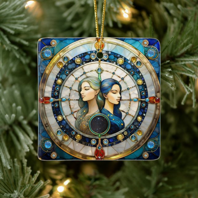 Ornamento De Cerâmica Zodiac - Gemini Os Gêmeos (Árvore)