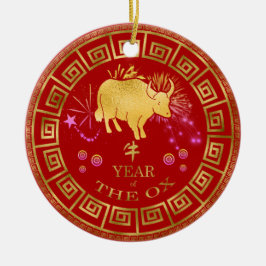 Ornamento De Cerâmica Zodiac Ox Red/Dourado ID542 chinês