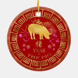 Ornamento De Cerâmica Zodiac Pig Red/Dourado ID542 chinês