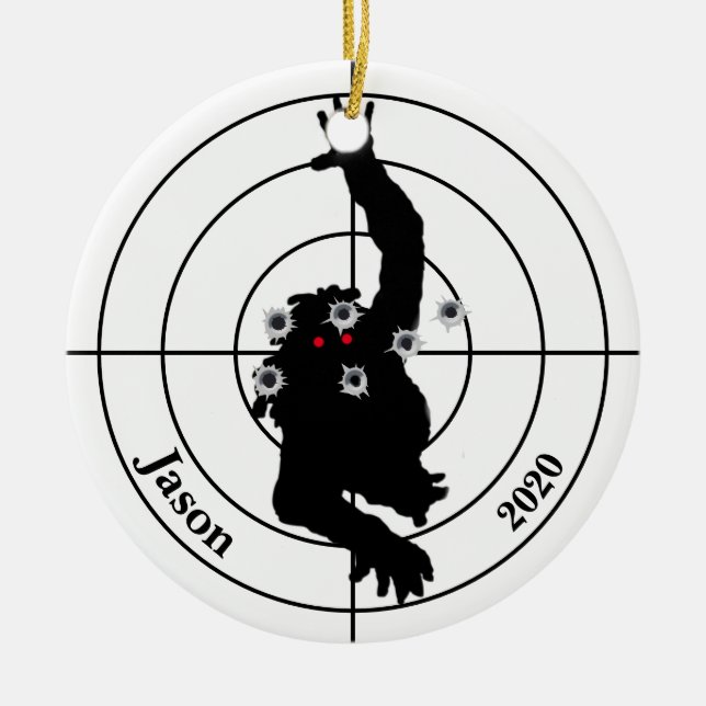 Ornamento De Cerâmica Zombie atirando no alvo atirador de armas no Natal (Frente)