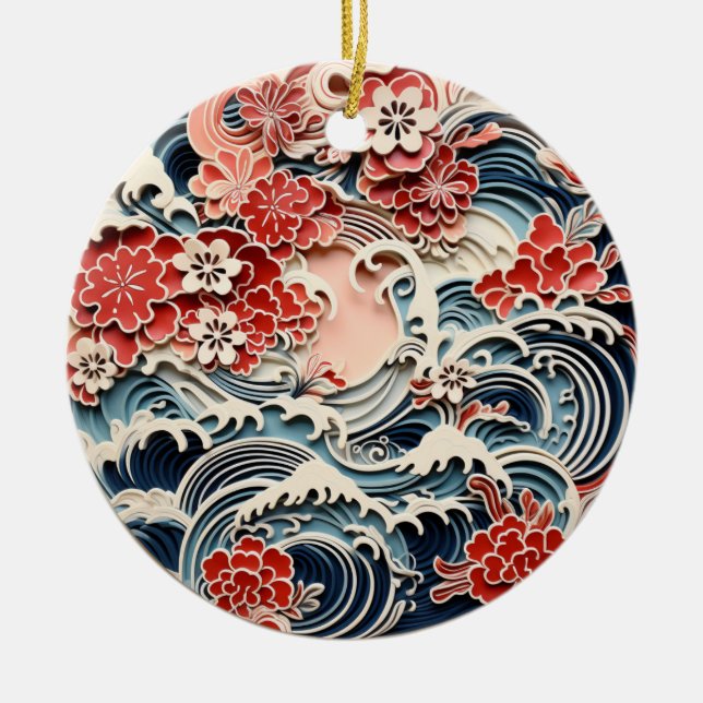 Ornamento de Chiyogami azul e vermelho (Frente)