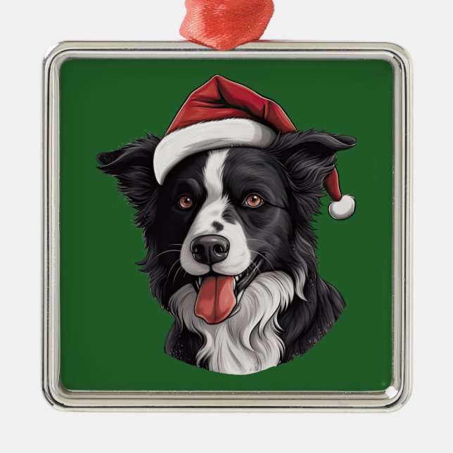 Ornamento de Collie de Borda de Natal com Aquarela (Frente)