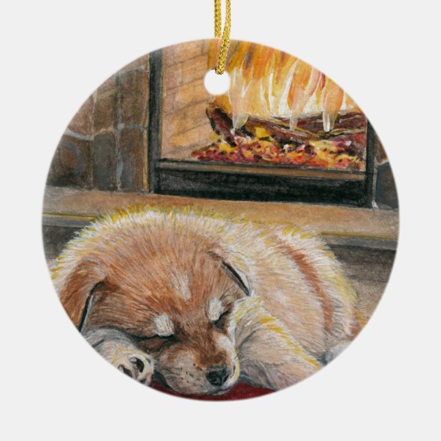 Ornamento de espera da lareira do filhote de (Frente)