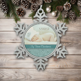 Ornamento De Estanho Floco De Neve Aqua Floral Swirl Baby Primeiro Natal