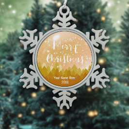 Ornamento De Estanho Floco De Neve Feliz Natal da Floresta de Neve Dourada e Pacífica