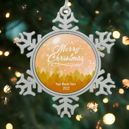 Ornamento De Estanho Floco De Neve Feliz Natal da Floresta de Neve Dourada e Pacífica