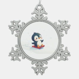 Ornamento De Estanho Floco De Neve Joyful Kawaii Penguin Sledding Christmas