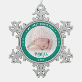 Ornamento De Estanho Floco De Neve Minha primeira foto de Natal verde