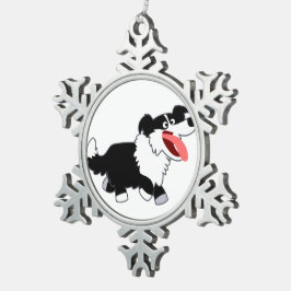 Ornamento De Estanho Floco De Neve Ornamento Feliz da Fronteira de Cartoon Collie Pew