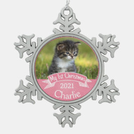 Ornamento De Estanho Floco De Neve Primeira Foto de Natal de Kitten Personalizado
