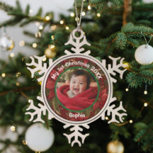 Primeiro Natal da Bebê Floral Carmesim Foto Nome A