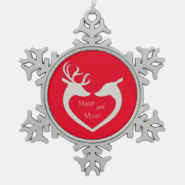 Ornamento De Estanho Floco De Neve Red & White Sr & Sra. Deer Casal Snowflake Pewter