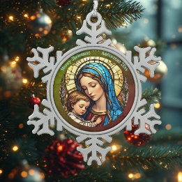 Ornamento De Estanho Floco De Neve Vidro Colorido Natalino Vintage Madonna e Filho Je