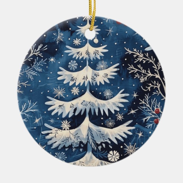 Ornamento de Férias de Árvore de Natal Branco Azul (Frente)