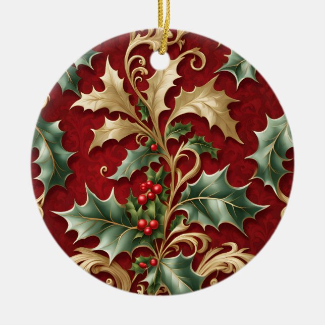 Ornamento de Férias de Natal Vermelho, Folhas Verd (Frente)