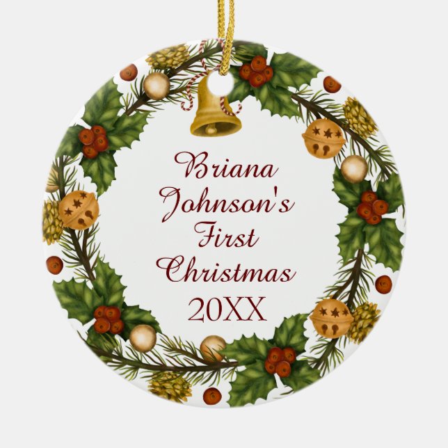 Ornamento de Fotografia Natal Wreath Baby's First (Frente)