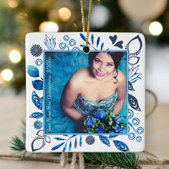Ornamento de Fotos de Natal Azul-Cinza e Aqua (royal blue quinceanera photo tree ornament frame keepsake floral flowers leaves photo frame gift)