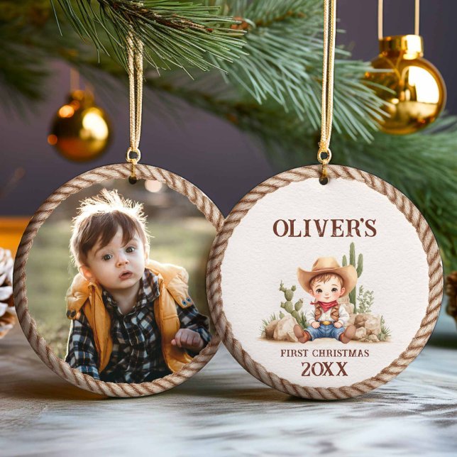 Ornamento de Fotos de Natal do Western Baby Boy (Western Baby Boy Photo Christmas Ornament)