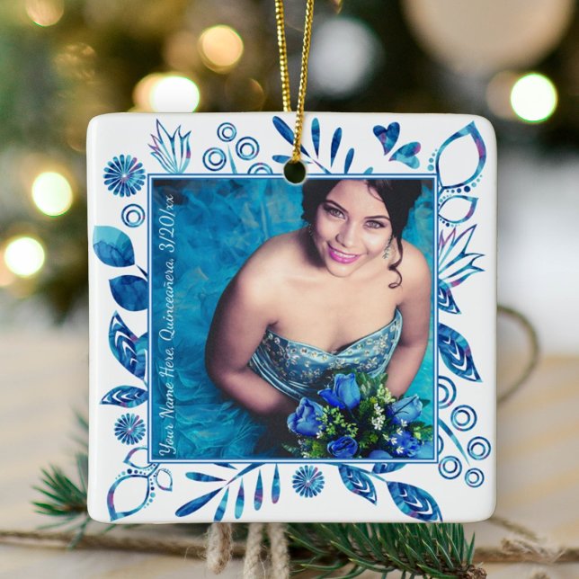 Ornamento de Fotos de Natal Floral Blue Quinceaner (blue floral quinceanera photo ornament blue mis quince keepsake gift flowers hearts royal blue)