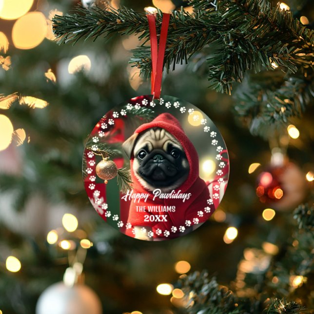 Ornamento de Fotos Feliz Feriado de Cão Feliz de N (Cute First Christmas pug pet dog photo ornament)