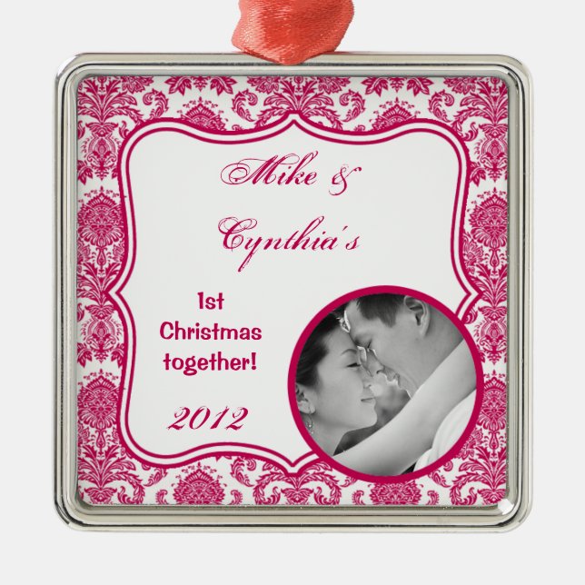 Ornamento de Fotos Personalizado Fusia White Damas (Frente)